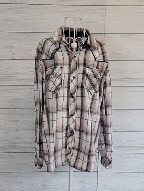 BKE Men's 100% Cotton Plaid Button-Up Shirt - Cream, Black & Burgundy Size XL